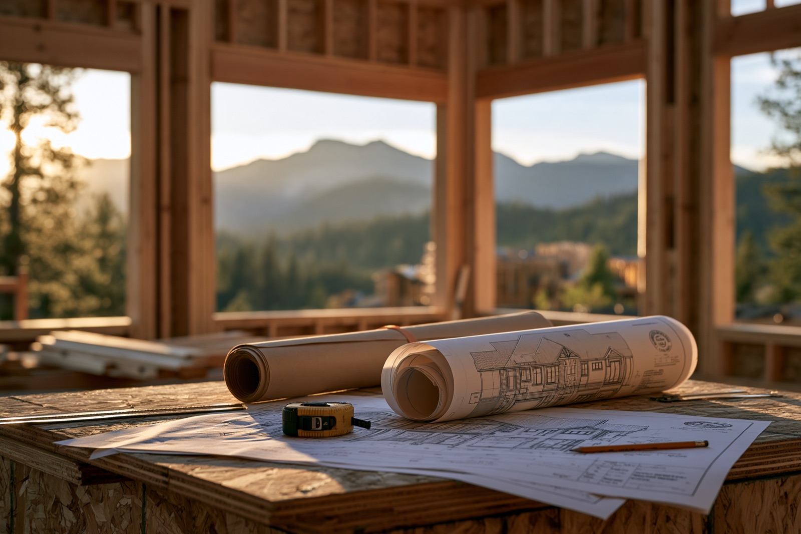 Architectural plans spread on a table at a mountain job site