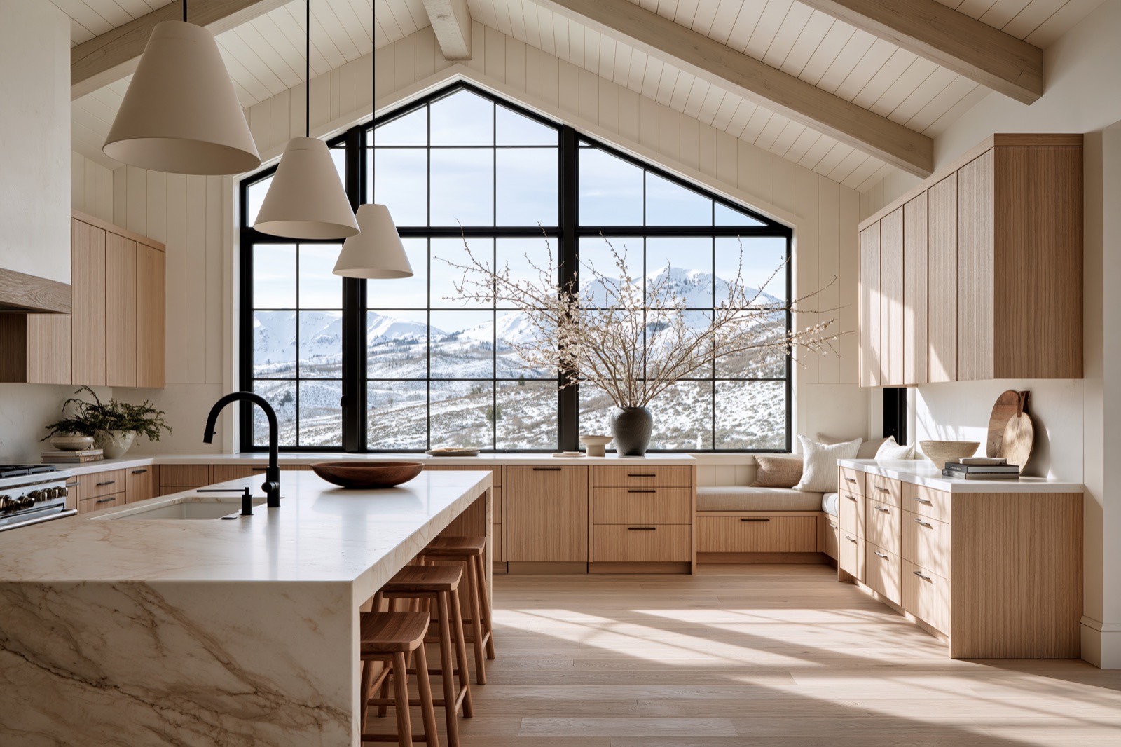 Bright modern farmhouse kitchen with white oak cabinetry and a large island